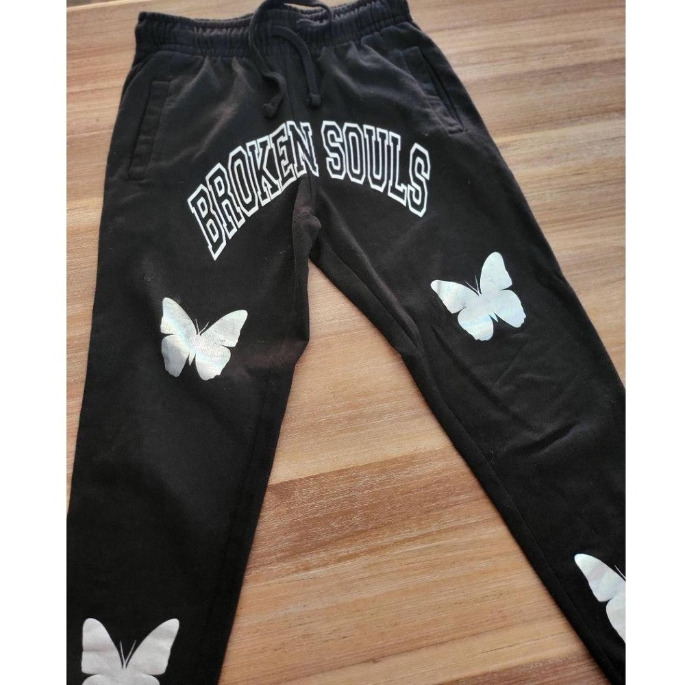 Yours Truly Sweatpants Womens Size M Black Joggers Butterfly Print Drawstring - Picture 4 of 7